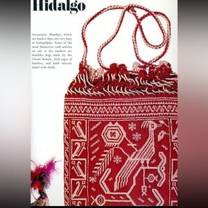 Mexican Tenango Embroidery Handcrafted Reversible Shoulder Bag Red Ivory W/Frill